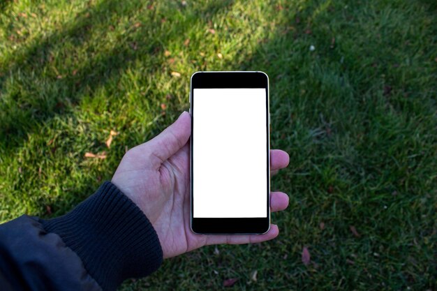 Hand holding phone with blank screen