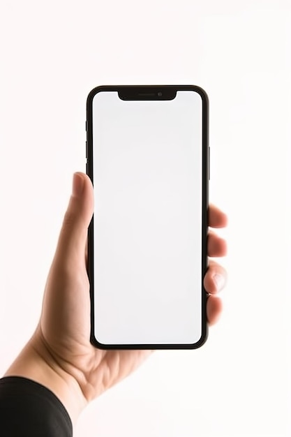 A hand holding a phone with a blank screen