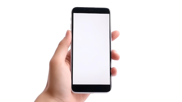 A hand holding a phone with a blank screen.