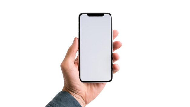 A hand holding a phone with a blank screen.