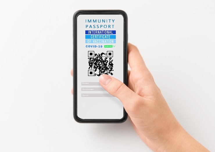 Photo hand holding phone with certificate of vaccination