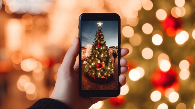 A hand holding a phone with a christmas tree background