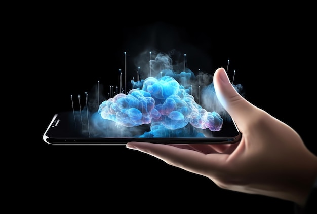 A hand holding a phone with a cloud on it