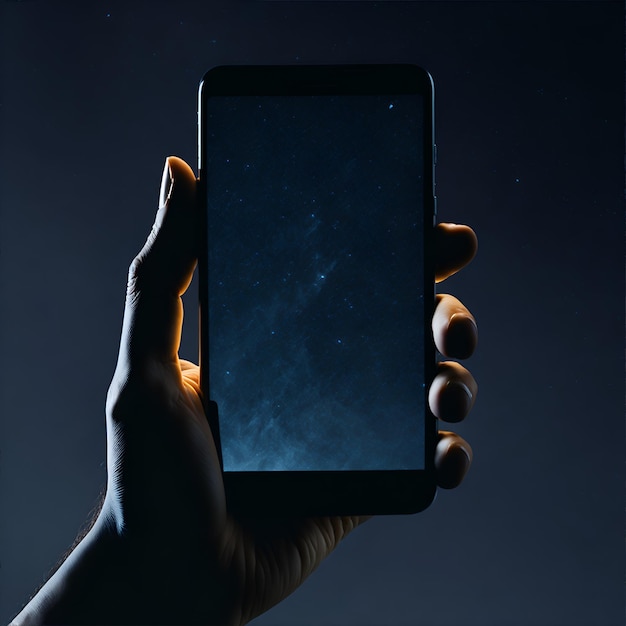 A hand holding a phone with a dark background and the screen is lit up.