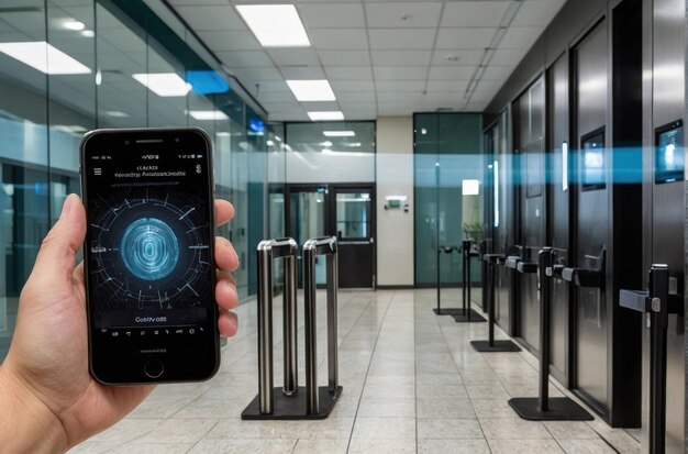 Photo hand holding a phone with a fingerprint scan