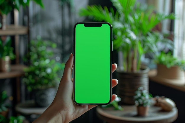 Hand holding phone with green screen display smartphone mockup template