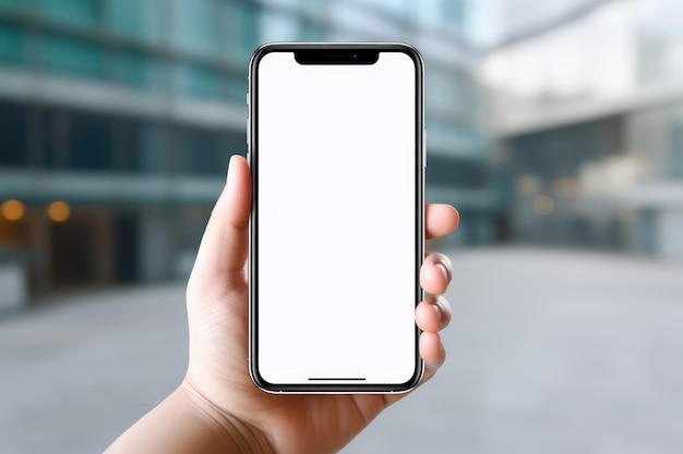 hand holding phone with isolated screen on the background of a city street Generative Ai
