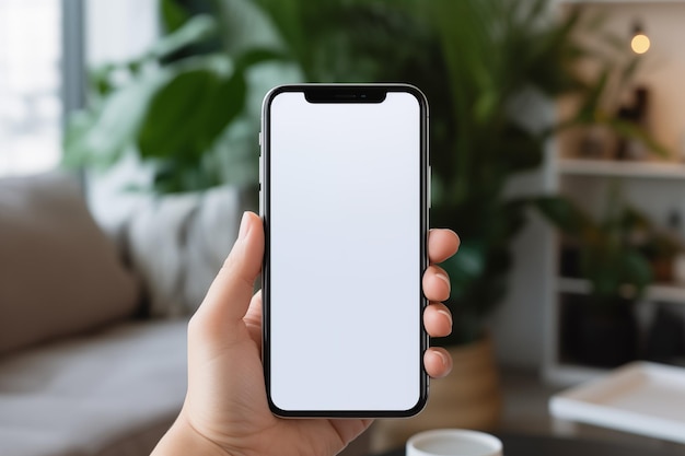 ручной телефон с изолированным экраном в комнате дом сотовый телефон пустой белый экран макет