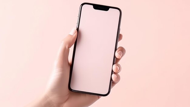 Фото Рука держит телефон с пустым экраном макета, изолированным на розовом пастельном фоне с копировальным пространством
