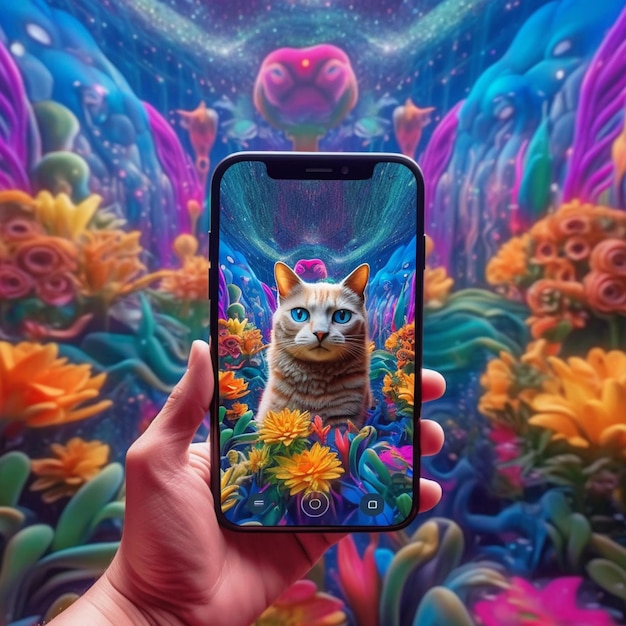 猫の絵が描かれた携帯電話を持つ手