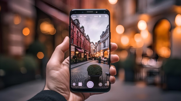 A hand holding a phone with a picture of a city street in the background