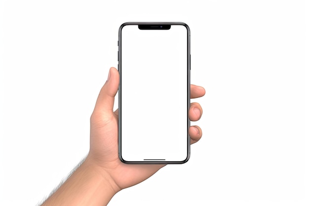 A hand holding a phone with a white screen and a black frame.