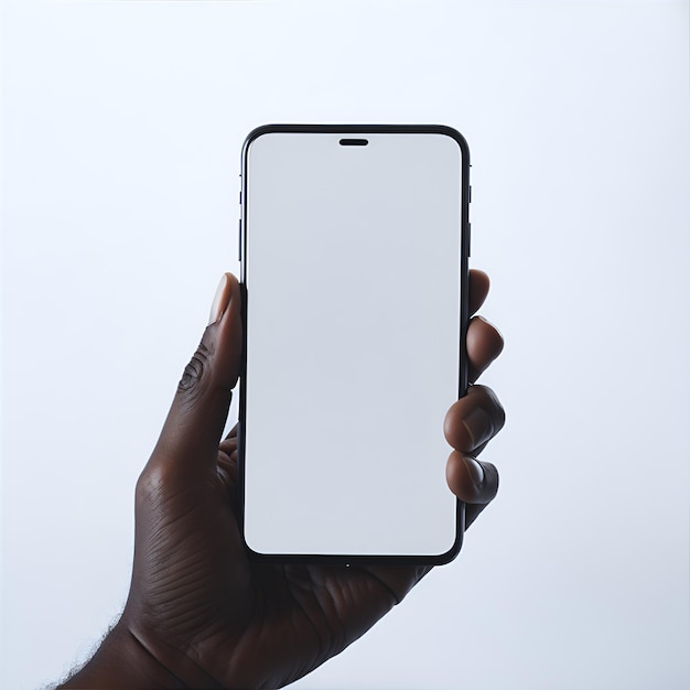 A hand holding a phone with a white screen.