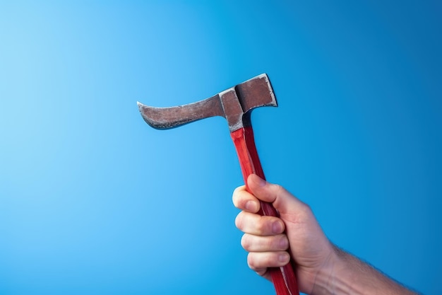 Hand holding pickaxe isolated on blue background AI