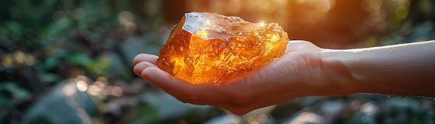 Photo hand holding a piece of amber depicting natural beauty