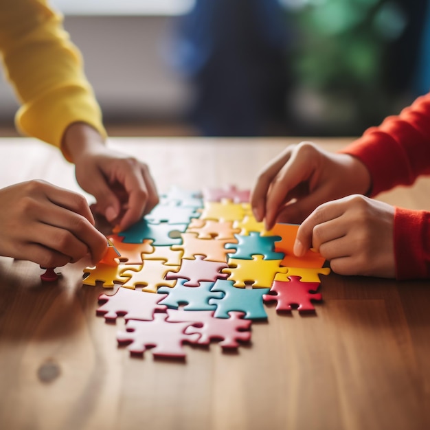 Hand holding piece of blank jigsaw puzzle on wooden background