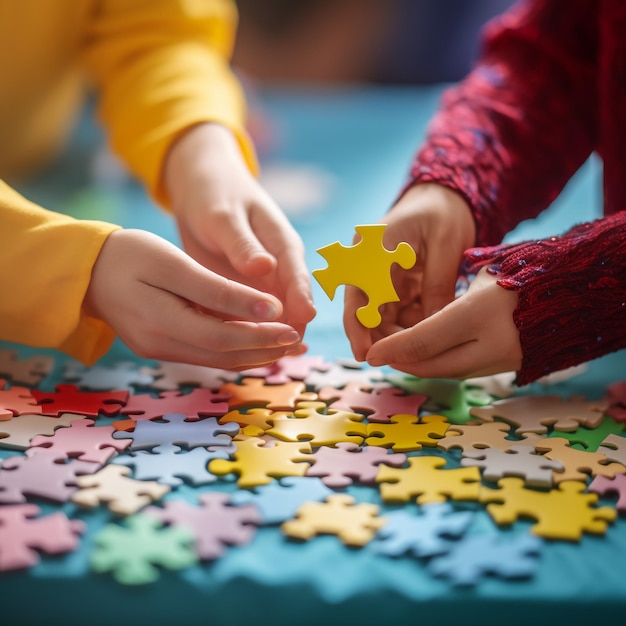 Foto pezzo di puzzle vuoto a mano su sfondo di legno