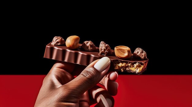A hand holding a piece of chocolate with nuts on it