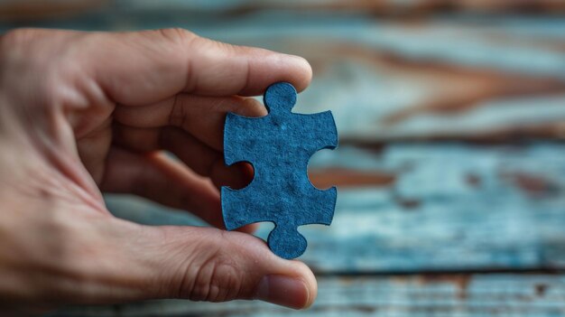 A hand holding a piece of puzzle in front of wood grain ai