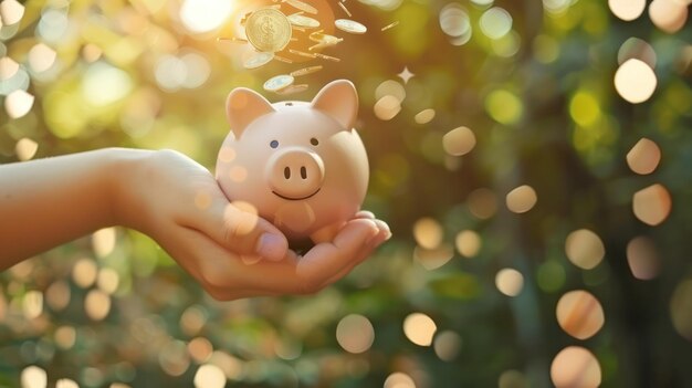 Photo a hand holding a piggy bank with money pouring into it symbolizing savings and investment