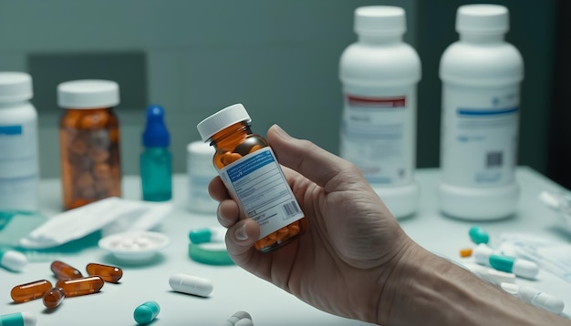 Foto una mano che tiene una bottiglia di pillole con un'etichetta bianca vuota contro uno sfondo di rifornimenti medici