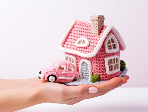 a hand holding a pink house with a car in the background