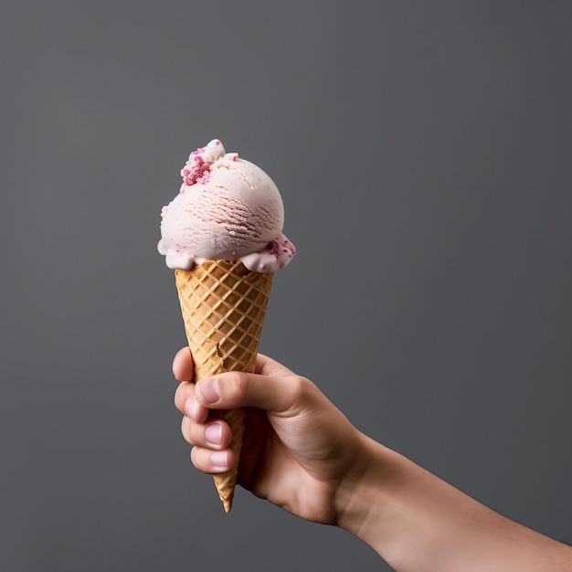 Hand holding pink ice cream gray background