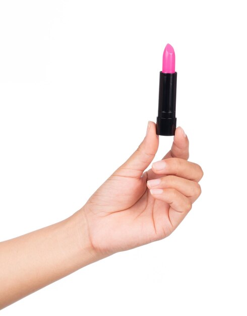 hand holding pink lipstick isolated on white background