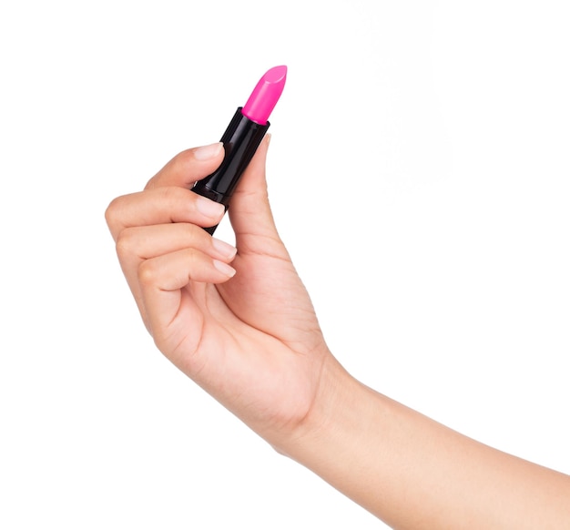 hand holding pink lipstick isolated on white background