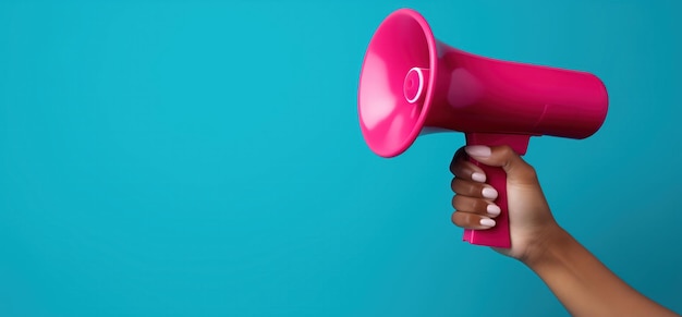 A hand holding a pink megaphone on a blue copy space