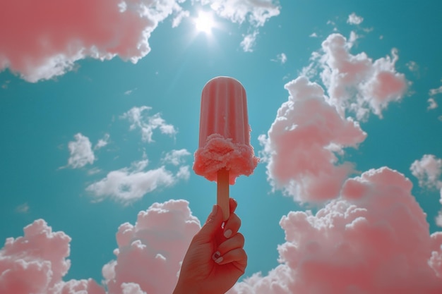 Photo hand holding pink popsicle against blue sky with cotton candy clouds