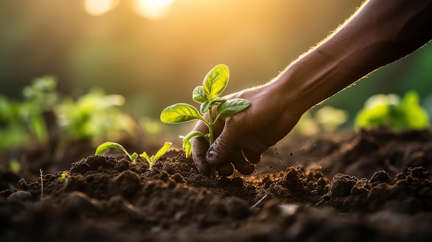 a hand holding a plant in a garden