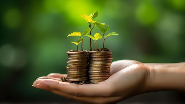 hand holding a plant that grow on the coins for investment concept