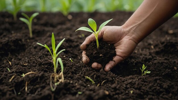 土で成長している植物を握っている手