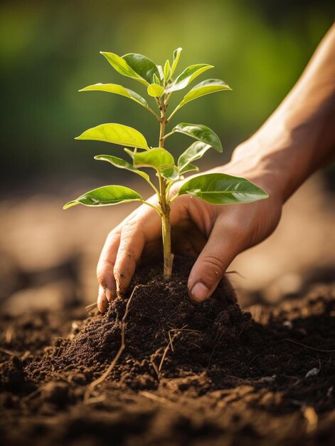 土で成長している植物を握っている手