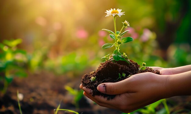 a hand holding a plant with the sun behind it