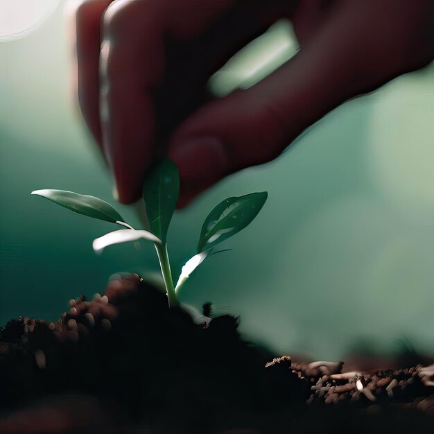 植物を握る手その上に芽というタイトルが書かれています 生成的AI