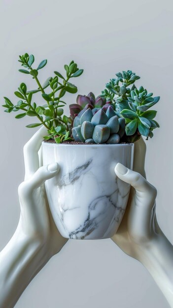 A hand holding a planter with succulents in it