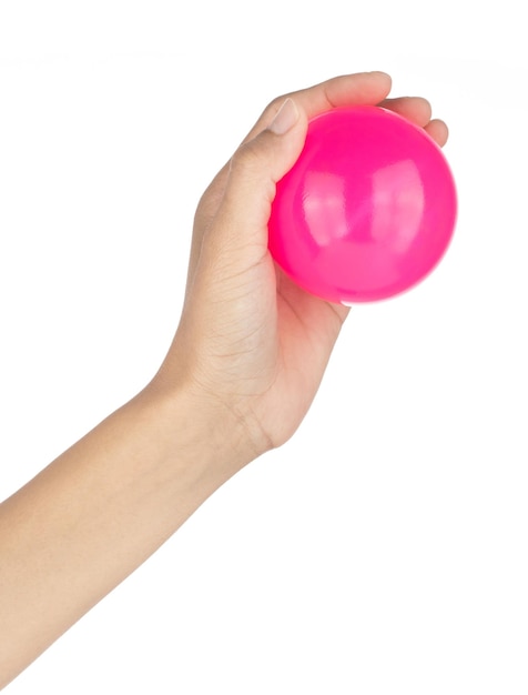 Hand holding Plastic Ball toy isolated on a White background