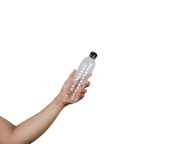 Photo hand holding plastic bottle white isolatedman hand holding empty water bottle