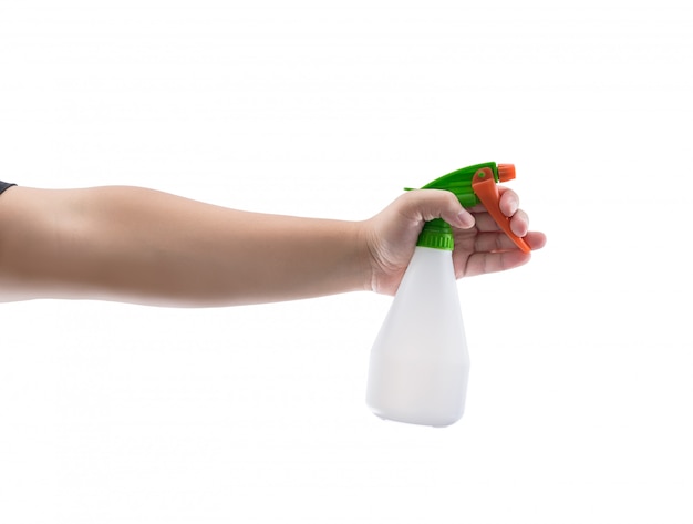 Hand holding plastic foggy spray bottle isolated