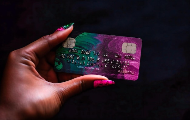 A hand holding a plastic and pink credit