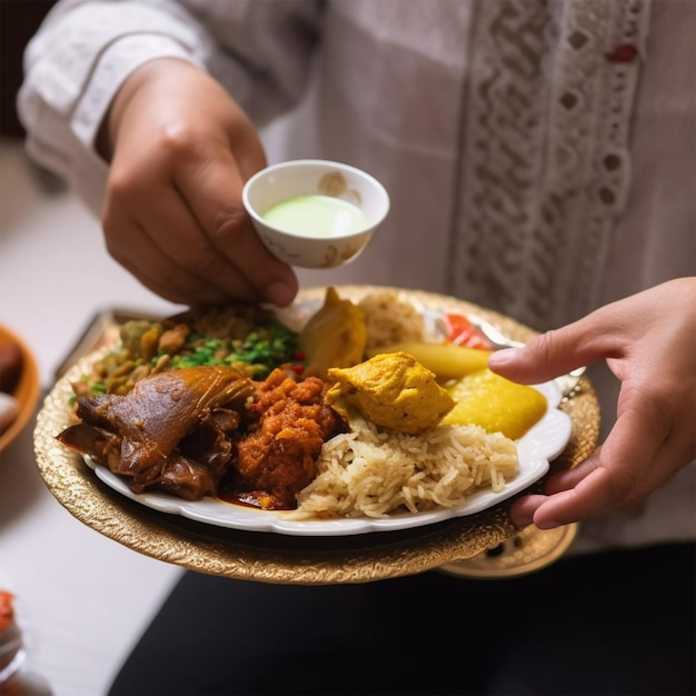 Foto mano che tiene un piatto di cibo speciale indonesiano