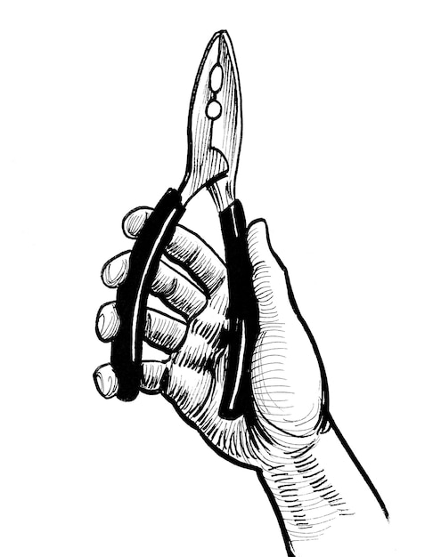 Hand holding pliers tool. Ink black and white drawing