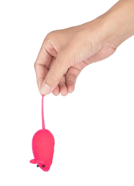 Photo hand holding plush pink mouse cat toys isolated on a white background.