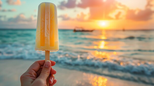 A hand holding a popsicle against a clean sea shore backdrop with a big space for text or product Generative AI