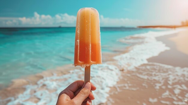 A hand holding a popsicle against a clean sea shore backdrop with a big space for text or product Generative AI