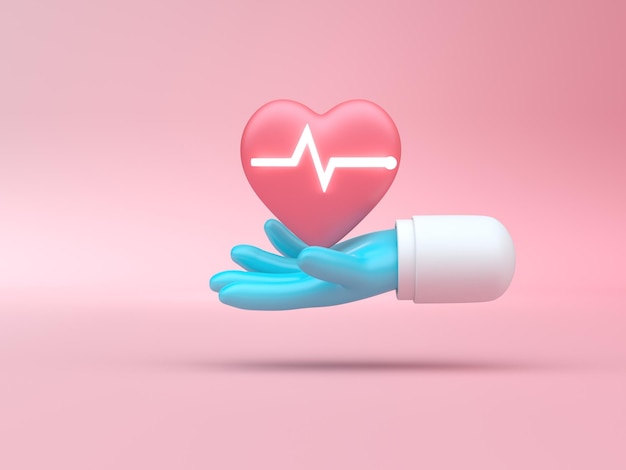 Photo hand holding pulsating heart 3d render