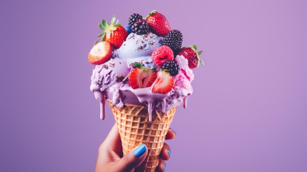 Hand holding purple ice cream cone with fresh fruit toppings