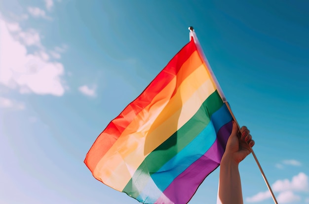 A hand holding a rainbow flag in the sky